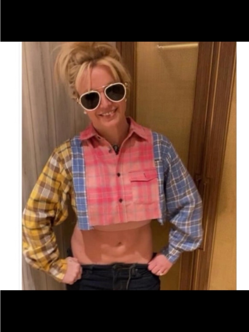 Patchwork Plaid Cropped Button-Front Top -Seen On Celebrities Britney Spears